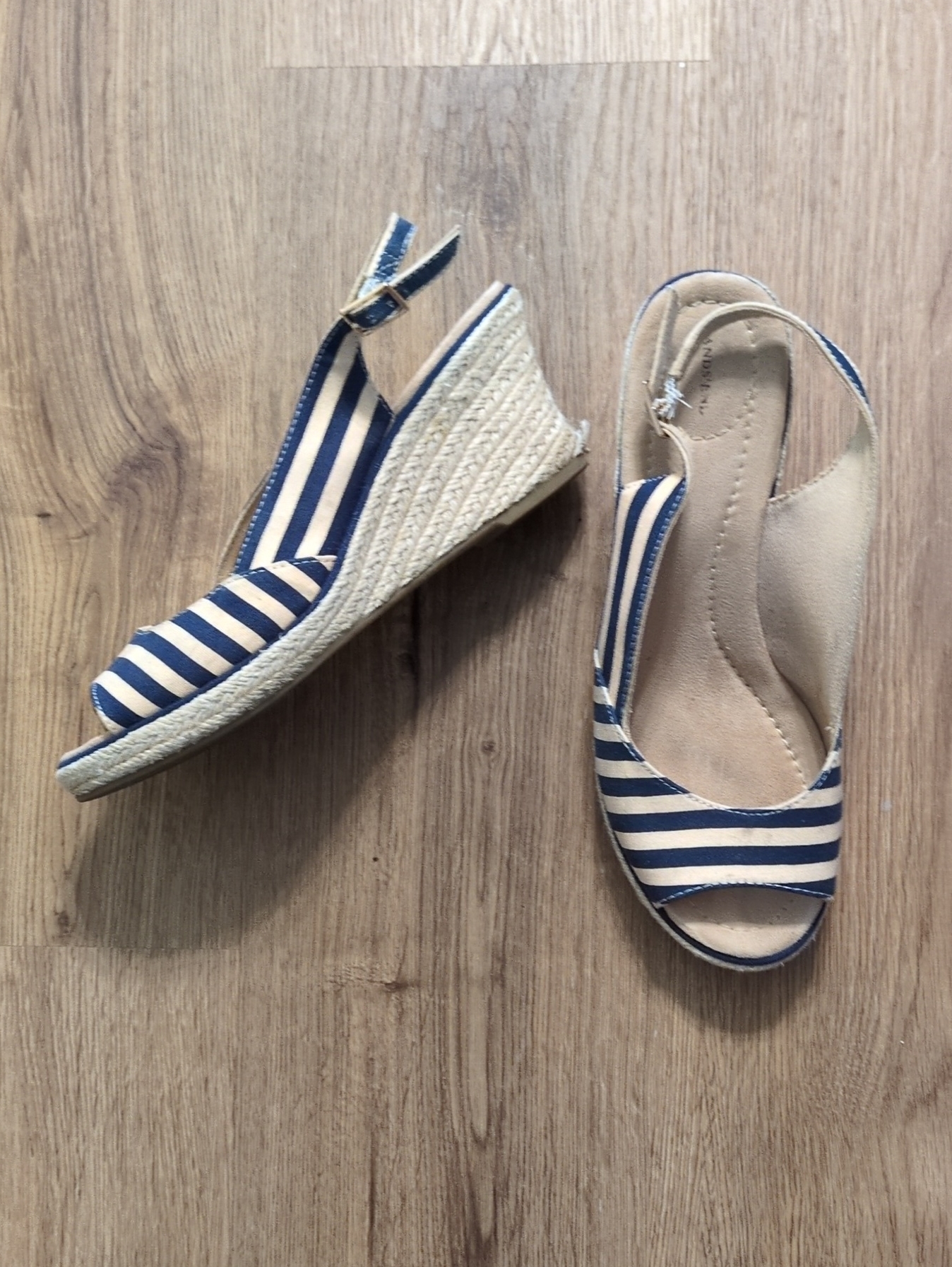 Lands' End Navy And White Striped Espadrille Wedge Sandals - Open Toe Slingback